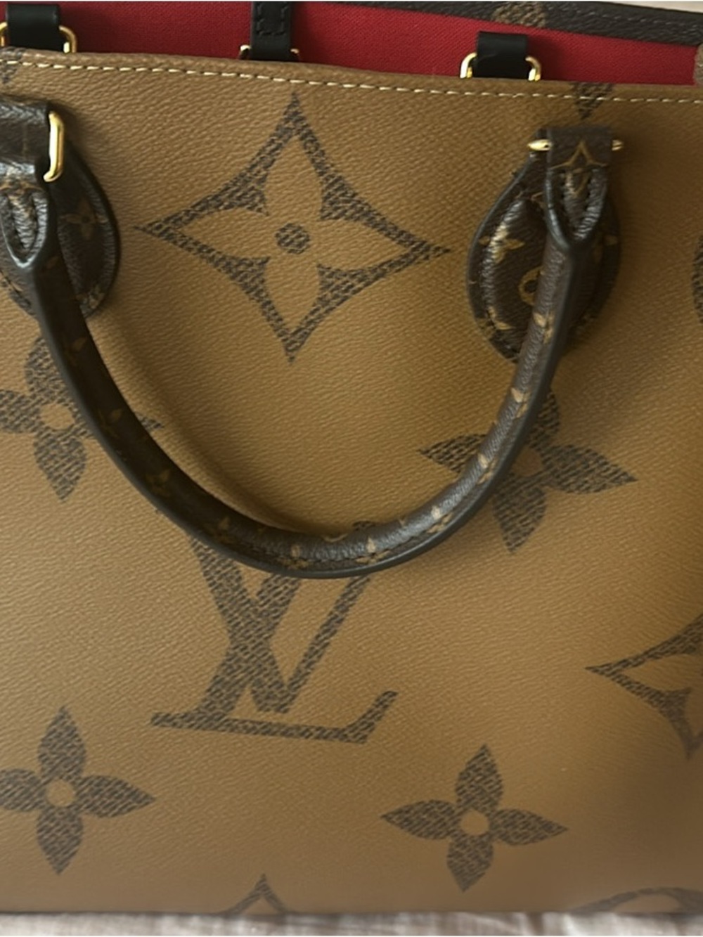 Louis Vuitton Tan Monogram Satchel with Red Interior Accents